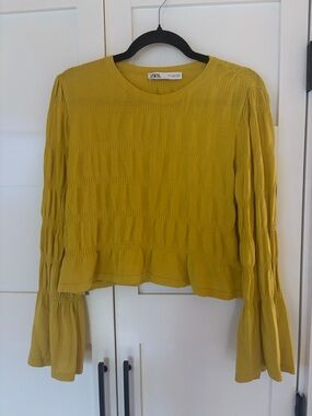 Zara Mustard Yellow Smocked Long-Sleeve Blouse